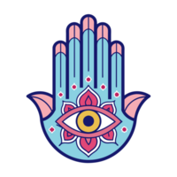 A colorful Hamsa hand design featuring an eye in the middle and symmetrical floral patterns on either side. png
