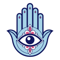A colorful Hamsa hand design featuring an eye in the middle and symmetrical floral patterns on either side. png