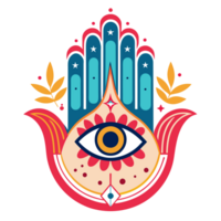 A colorful Hamsa hand design featuring an eye in the middle and symmetrical floral patterns on either side. png