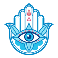 A colorful Hamsa hand design featuring an eye in the middle and symmetrical floral patterns on either side. png