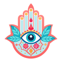 A colorful Hamsa hand design featuring an eye in the middle and symmetrical floral patterns on either side. png
