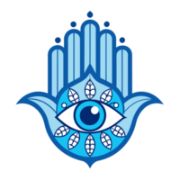 A colorful Hamsa hand design featuring an eye in the middle and symmetrical floral patterns on either side. png