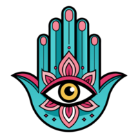 A colorful Hamsa hand design featuring an eye in the middle and symmetrical floral patterns on either side. png