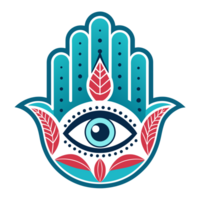 A colorful Hamsa hand design featuring an eye in the middle and symmetrical floral patterns on either side. png