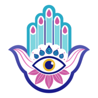A colorful Hamsa hand design featuring an eye in the middle and symmetrical floral patterns on either side. png
