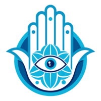 A colorful Hamsa hand design featuring an eye in the middle and symmetrical floral patterns on either side. png
