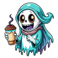 cartoon style skeleton draped in a blue ethereal cloak gives a thumbs up while holding a steaming coffee png