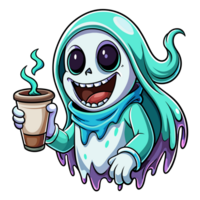 cartoon style skeleton draped in a blue ethereal cloak gives a thumbs up while holding a steaming coffee png