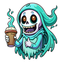 cartoon style skeleton draped in a blue ethereal cloak gives a thumbs up while holding a steaming coffee png