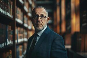 Elderly man with glasses, wearing a suit and tie, stands in a dimly lit library. Bookshelves filled with antique books create an intellectual and contemplative atmosphere around him photo