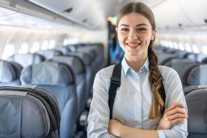 Friendly female flight attendant welcomes passengers with a warm smile in the airplane cabin, with seating in the background photo