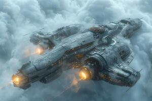 Illustration of a futuristic spaceship with illuminated engines soaring above the clouds, featuring advanced technology, exploration, and the thrill of space travel in a fantasy world photo
