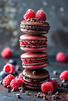 Delectable assortment of chocolate and raspberry macarons with fresh raspberries and cocoa nibs on a blurred background creates a luxurious and elegant dessert presentation photo