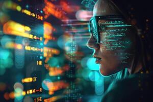 Female programmer analysing code in virtual environment photo