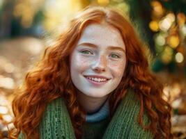Portrait of a beautiful cheerful redhead girl with green eyes and flowing curly hair, smiling and laughing, looking at the camera in the autumn forest photo