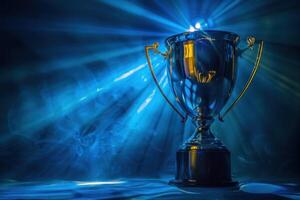 Gleaming trophy in blue light against smoky backdrop, representing success and triumph in a contest photo