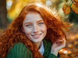 Portrait of a beautiful cheerful redhead girl with green eyes and flowing curly hair, smiling and laughing, looking at the camera in the autumn forest photo