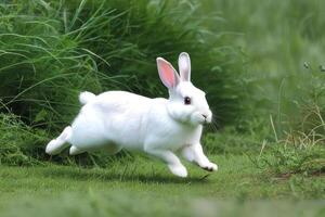 A white hare runs across a field with green grass photo