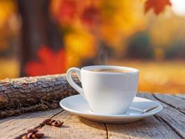 Autumn leaves and a hot steaming cup of coffee. A wooden table and a cup of coffee by the window against the backdrop of an autumn forest. Autumn season, free time, coffee break photo