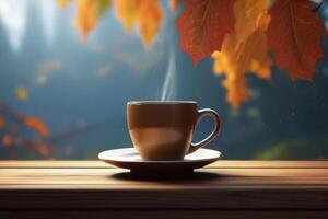Autumn leaves and a hot steaming cup of coffee. A wooden table and a cup of coffee by the window against the backdrop of an autumn forest. Autumn season, free time, coffee break photo