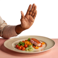 Close-up of a person refusing a plate of healthy food on a transparent background png