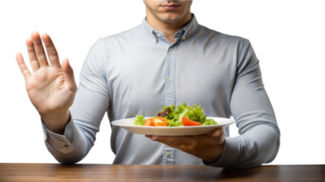 Person refusing a plate of food with vegetables on transparent background, suggesting diet or rejection png