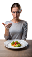 Woman refusing a plate of food with a disappointed expression on a transparent background png