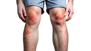 Close-up of person with skin allergies on legs showing severe redness and irritation png