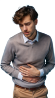 Man feeling nauseous and holding stomach with pained expression on transparent background png