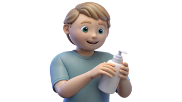 3D character applying lotion to skin with a happy expression on a transparent background png