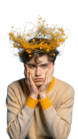 Young person feeling sad and contemplative with intricate headpiece displaying emotions on transparent background png