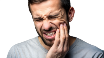 Man experiencing severe tooth pain indicating a possible dental issue on transparent background png