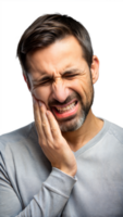 Man experiencing sharp tooth pain indicating dental issue on transparent background png