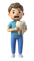 3d cartoon character experiencing tooth pain and holding a huge tooth with a transparent background png