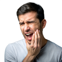 Person with tooth pain indicating dental issue and discomfort on transparent background png