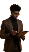 Focused professional reviewing documents on a clipboard with pen on transparent background png