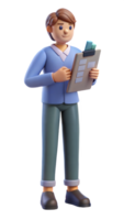 3D illustration of a person holding a clipboard with documents and calculations on transparent background png