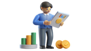 Business person analyzing documents with charts and graphs, focusing on financial data, and standing next to bar chart png