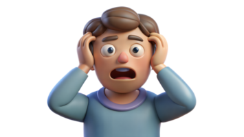 3D cartoon character showing anxiety and stress with a surprised expression on a transparent background png