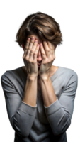 Person feeling anxious and showing signs of stress on transparent background png