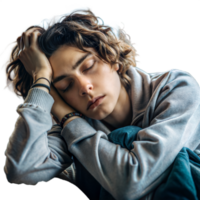 Person feeling tired and sleepy, resting on a pillow with a transparent background png