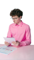 Business professional analyzing documents and calculations on a notepad. Focused individual in pink shirt working on data with transparent background png