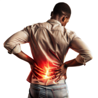 Person suffering from severe back pain with highlighted glowing area on lower back on transparent background png