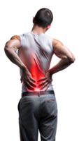 Person suffering from back pain with a highlighted red area on transparent background png