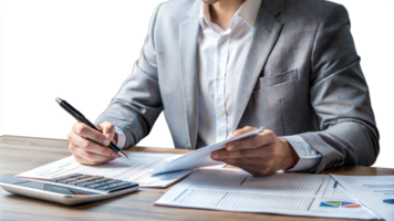 Business professional reviewing documents and calculations using a calculator on a transparent background png
