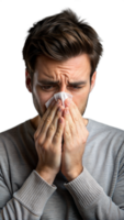 Man with allergy symptoms sneezing into tissue on a transparent background png