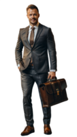 Confident businessman in suit holding a leather briefcase on transparent background png