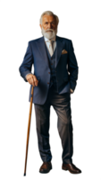 Full body portrait of elderly man in elegant suit with cane on transparent background png