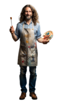 Full body portrait of a smiling male artist in his forties with painting tools on transparent background png