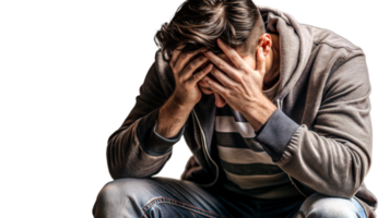 Depressed person with head in hands showing signs of sadness on transparent background png